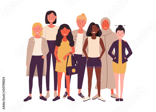 Women of different nationalities together. Happy women or girls isolated on white background. Vector illustration