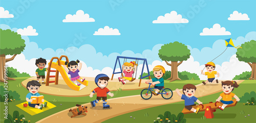 Fototapeta Naklejka Na Ścianę i Meble -  Happy excited kids having fun together on playground. Children play outside with rainbow background. Vector illustration.