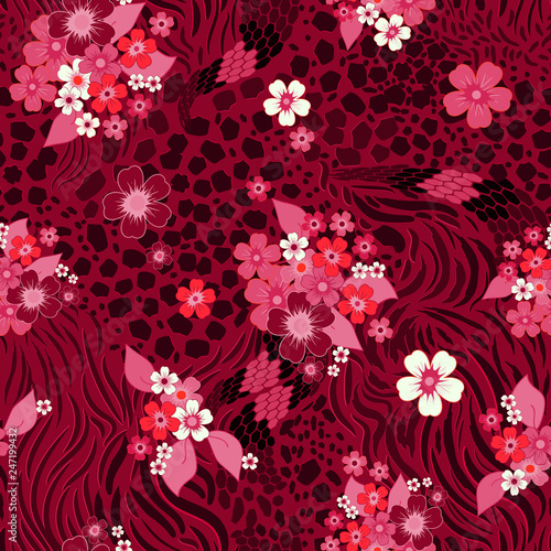 Wallpaper Mural Trendy Mix animal skin prints , zebra, tiger, safari africa seamless pattern vector design for fashion,fabric . Decorated with tropical flowers and leaves Torontodigital.ca