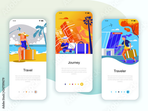 Set of onboarding screens user interface kit for Travel, Journey, Traveler, mobile app templates concept. Modern UX, UI screen for mobile or responsive web site. Vector illustration.