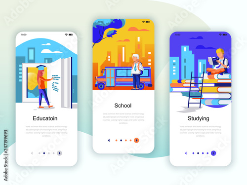 Set of onboarding screens user interface kit for Education, School, Studying, mobile app templates concept. Modern UX, UI screen for mobile or responsive web site. Vector illustration.