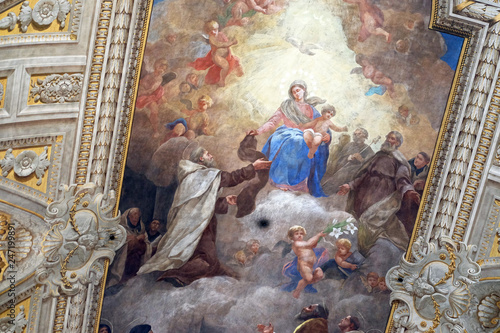 Virgin Mary with baby Jesus and Carmelite saints, ceiling of Santa Maria de Monte Carmelo Church in Trastevere, Rome. Trastevere, Rome, Italy  photo