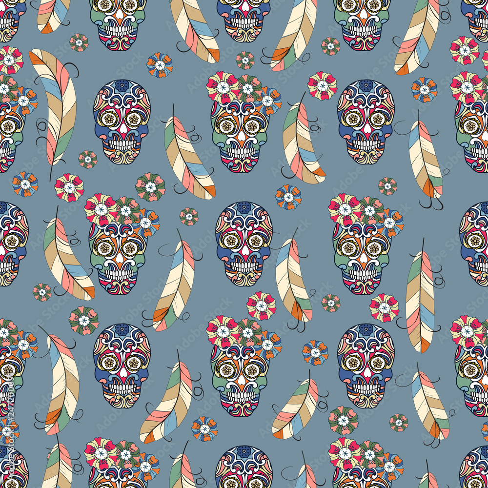 Naklejka premium Seamless texture, endless pattern, tribal style colorful simplified ethnic skull template . Vector traditional folk bone ornament for design. boho chic