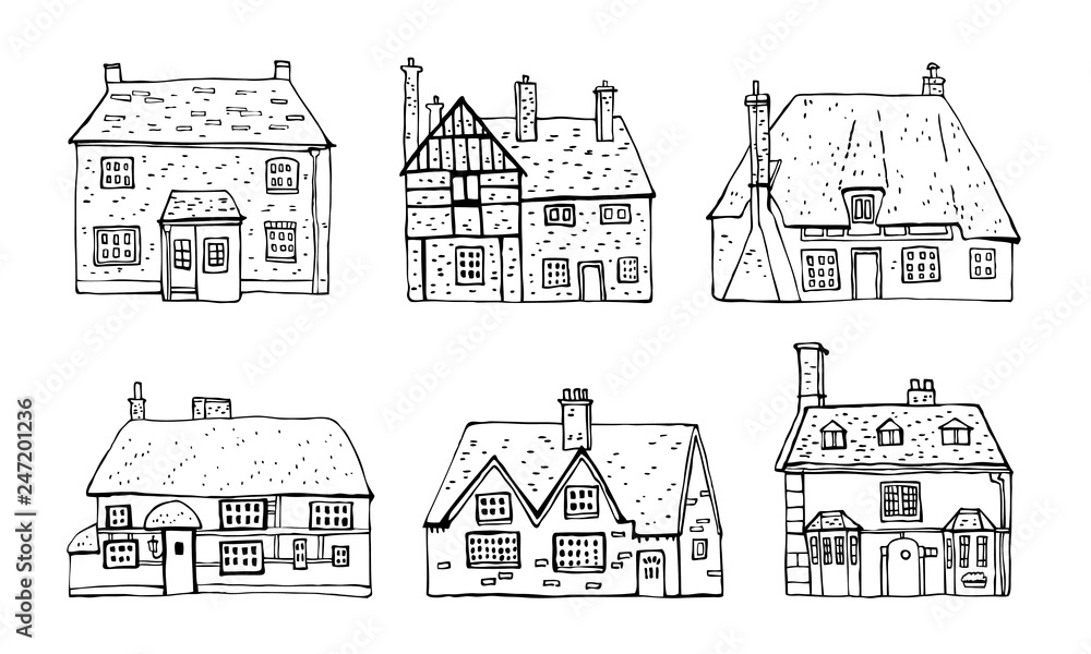 Old english village vector sketch hand drawn illustration. Set of cartoon outline houses facades   isolated on white background