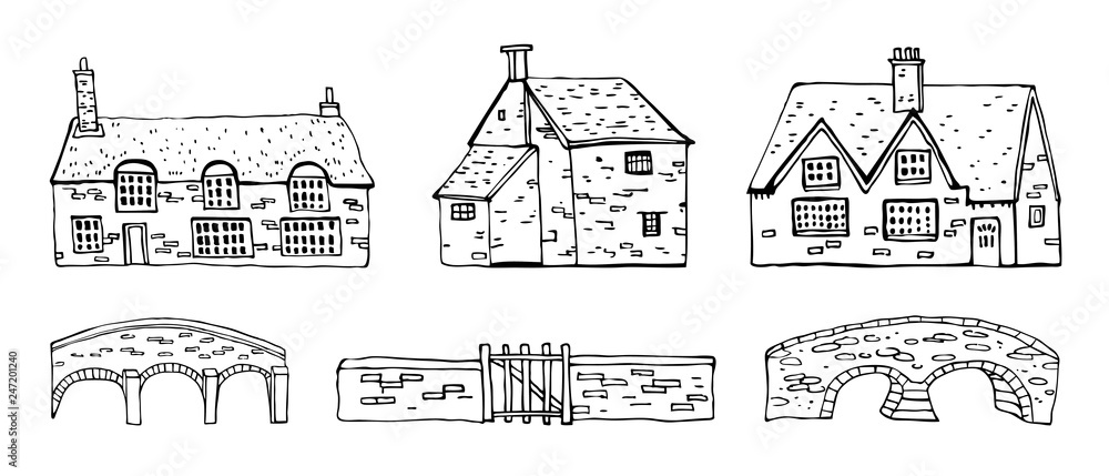 Old english village vector sketch hand drawn illustration. Set of cartoon outline houses facades and bridges isolated on white background