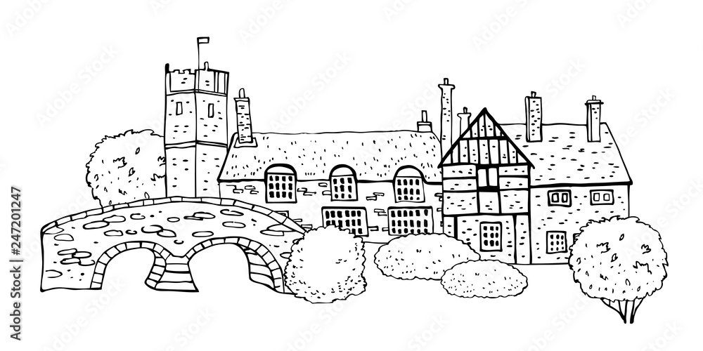 Old english village scene. Vector sketch hand drawn illustration. Cartoon outline houses facades, bridge and plants isolated on white background