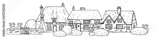 Old english village scene. Vector sketch hand drawn illustration. Cartoon outline houses facades, fence and plants isolated on white background