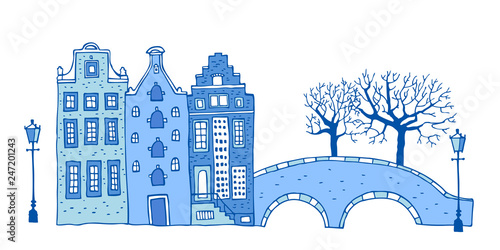 Amsterdam street scene. Vector outline sketch hand drawn illustration. Three houses with bridge, lantern, trees  in colors of blue porcelain paints isolated on white background