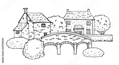 Old english village scene. Vector sketch hand drawn illustration. Cartoon outline houses, bridge and plants isolated on white background
