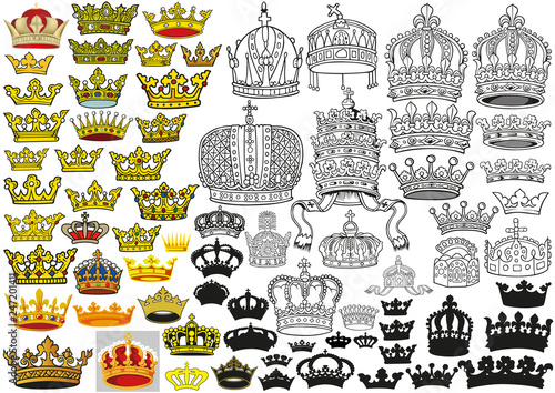 Big Set of Heraldic Crowns in Colored Illustrations, Black Outlined Illustrations and Black Silhouetted Illustrations - Vector