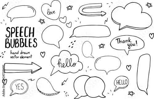Hand drawn doodle speech bubbles set with accentuation, filled with example texts: " Yes!,Thank you, Hello, Love". Vector illustration.