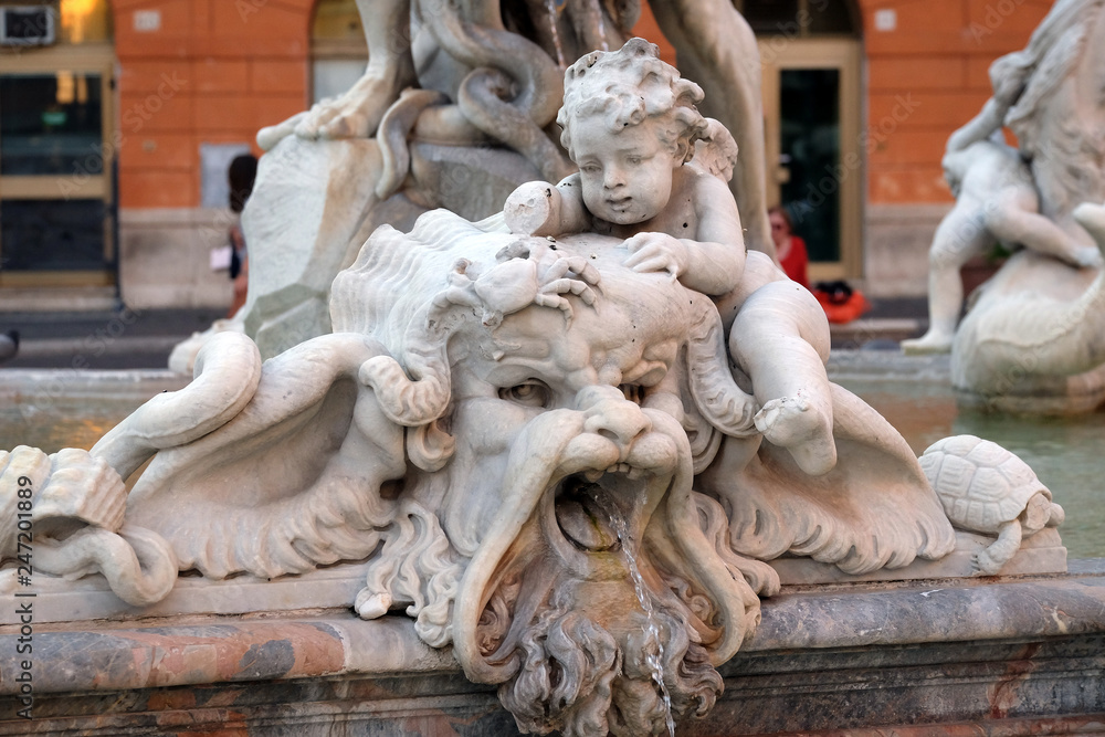 Piazza Navona, Fountain figure, sea figure with cherub in the Fountain of Neptune in Rome, Italy 