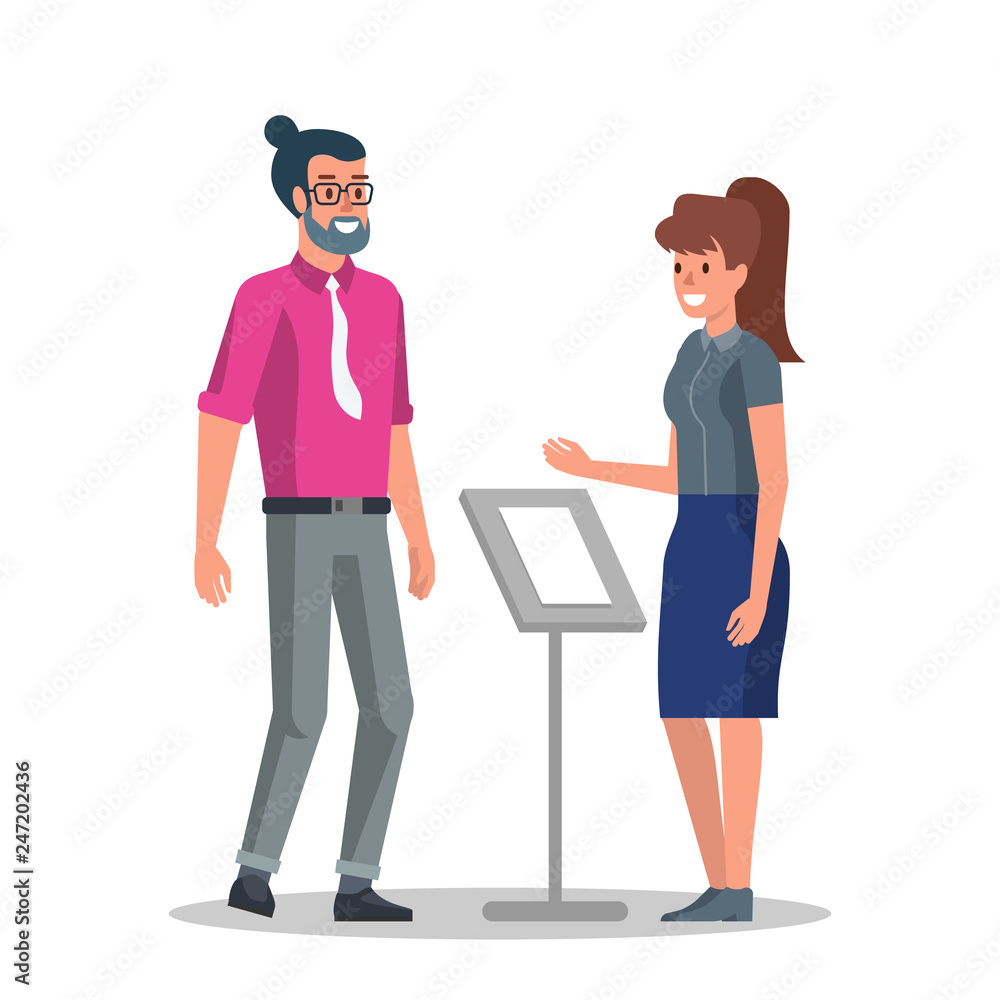 Young Businessman in Reception. Girl Receptionist Check Guest Registration and Reservation. Traveler Guy Smile with Hostel Appartment Administrator Lady. Flat Vector Cartoon Illustration. Young Businessman in Reception. Girl Receptionist Check Guest Registration and Reservation. Traveler Guy Smile with Hostel Appartment Administrator Lady. Flat Vector Cartoon Illustration.