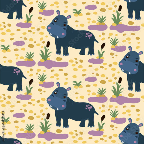 Hippopotamus seamless vector pattern