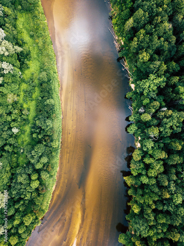 Aerial Photo of River Gauja in Latvia, Europe, with Green Forests Around it on Sunny Summer Day, Concept of Travel in Harmony on Countryside