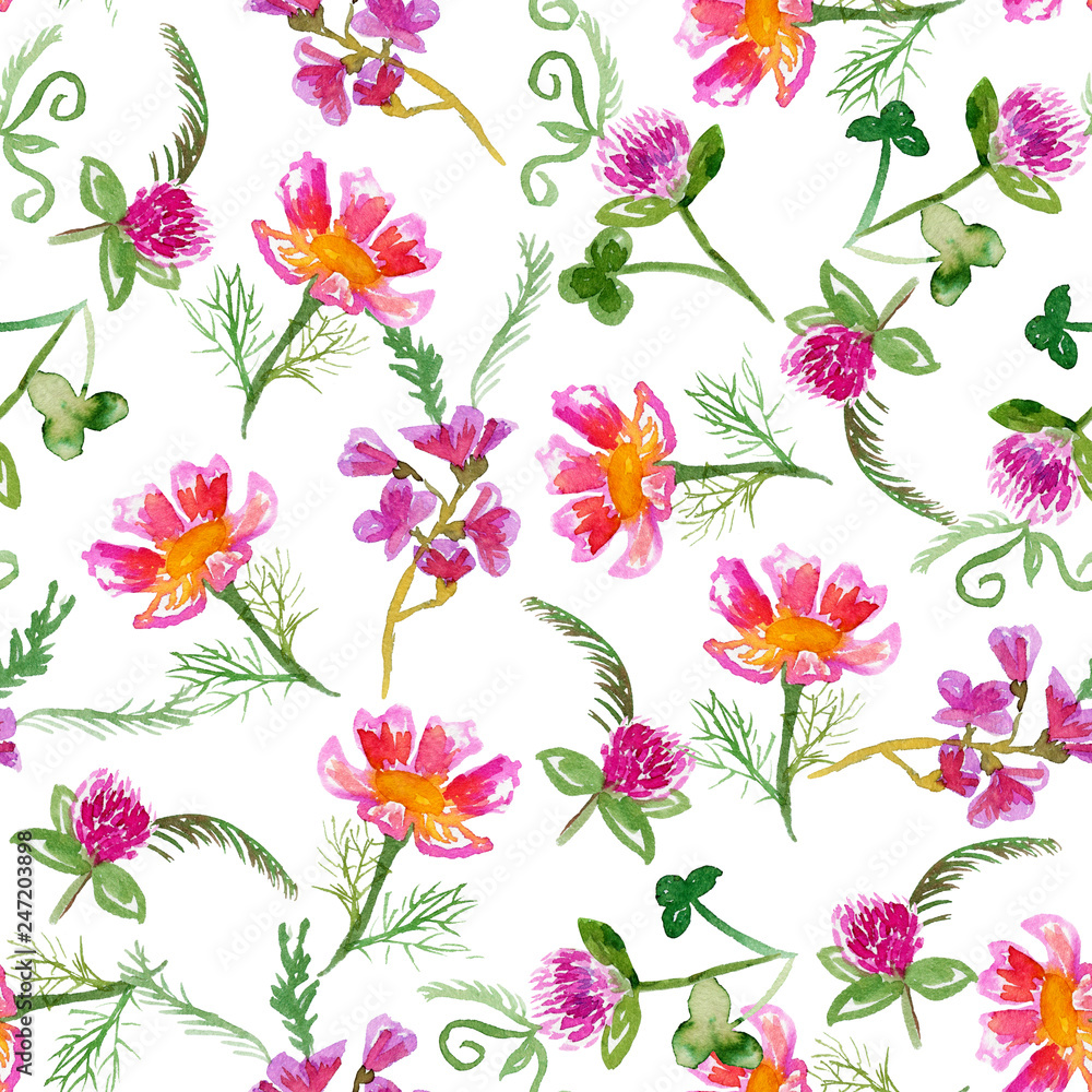 Seamless pattern with pink wildflowers on white Seamless pattern with pink wildflowers on white