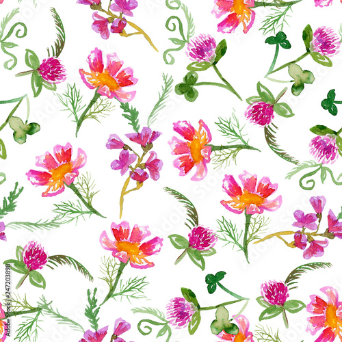 Seamless pattern with pink wildflowers on white
