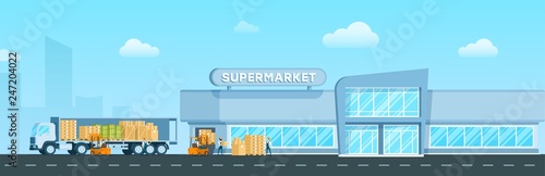Express Truck Delivering Goods to Supermarket
