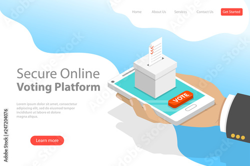 Flat isometric vector landing page template of voting online, e-voting, election internet system.