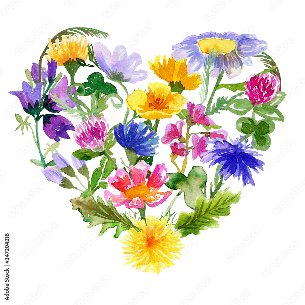 Heart shaped composition with wildflowers on white Heart shaped composition with wildflowers on white
