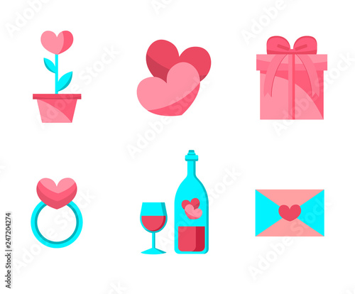 Happy Valentine Day Objects Set . Flat Design . Collection of Love Wedding Items.