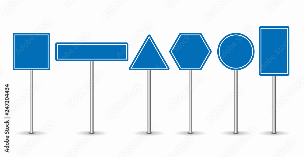 Set of blue road signs on white background. Vector illustration. - obrazy, fototapety, plakaty 