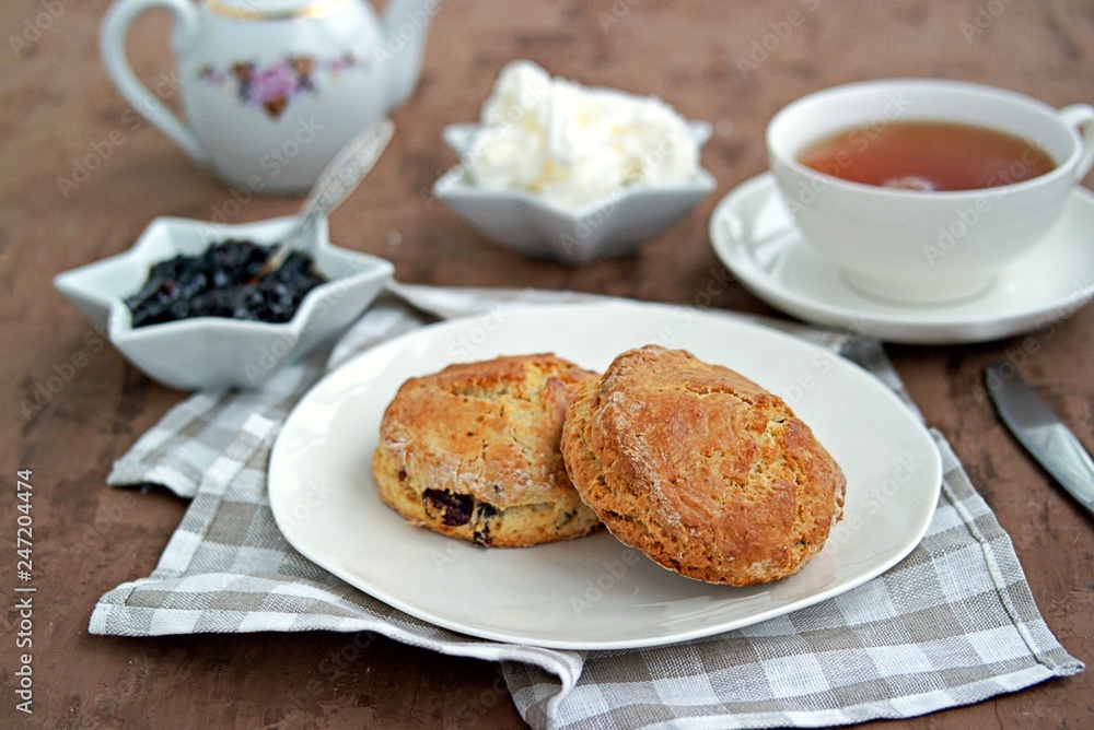 Traditional English scones with dried cranberries on a white plate. Served with jam and whipped cream. Traditional English scones with dried cranberries on a white plate. Served with jam and whipped cream.