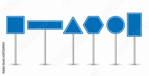 Set of blue road signs on white background. Vector illustration.