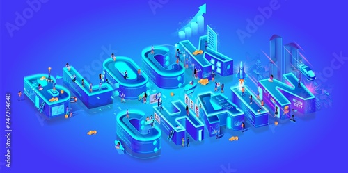 Blockchain. Isometric 3d Word. Cryptocurrency Idea