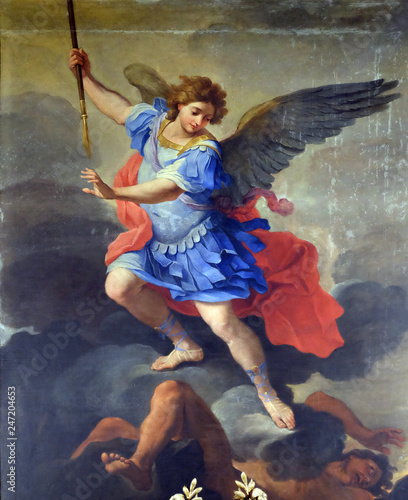 St Michael the Archangel, altarpiece by Ludovico Gimignani in Chapel of St Michael the Archangel, Basilica di Sant Andrea delle Fratte, Rome, Italy 