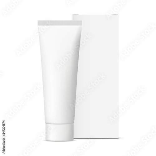 Cosmetic tube with packaging box mockup isolated on white background. Vector illustration