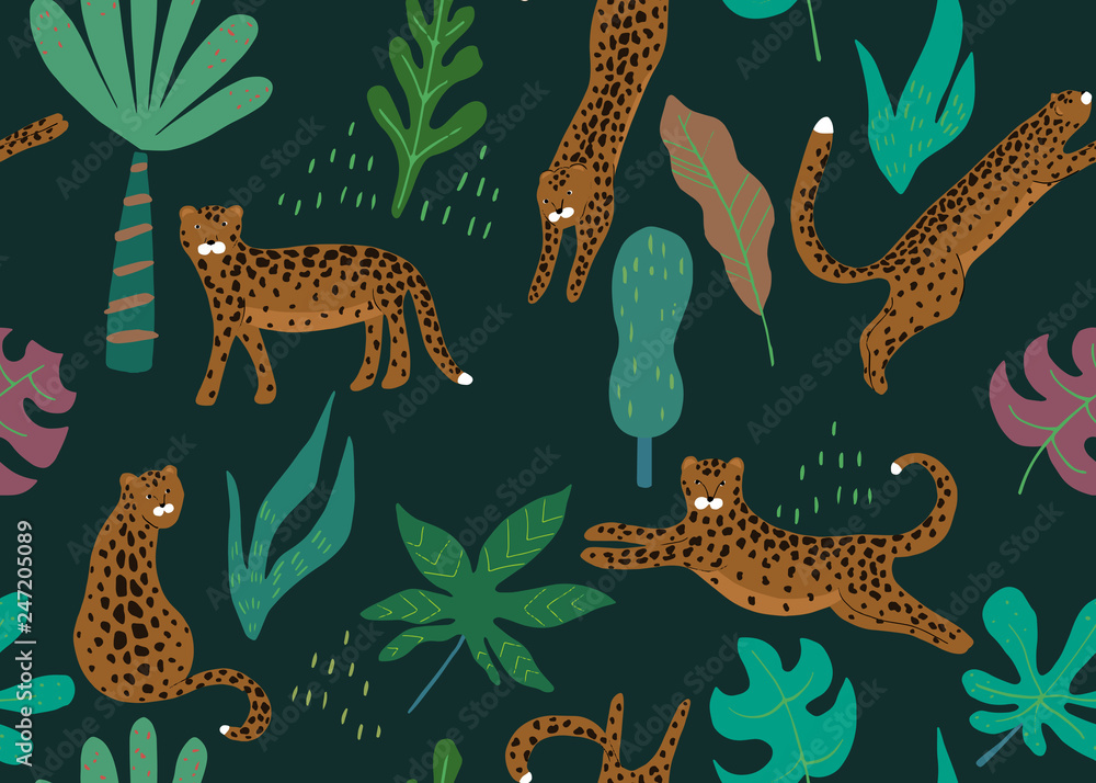 Fototapeta premium Jungle seamless pattern. Animal print with leopard. Vector background