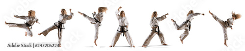 Photography Caucasian female in kimono practicing taekwondo
