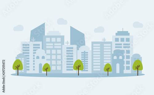 Fototapeta Naklejka Na Ścianę i Meble -  City landscape banner with buildings shapes, trees and clouds on white background. Flat cartoon vector illustration