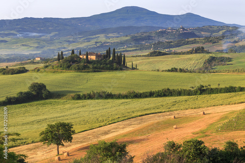 Typical Tuscany landscape with haystacks and lonely tree on the road, farms, hills and meadows. Val d'orcia, Italy. Travel Italy.