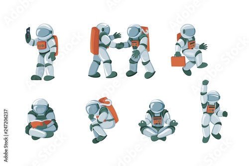 Cartoon spaceman, cosmonaut, spacesuit vector set isolated on white background