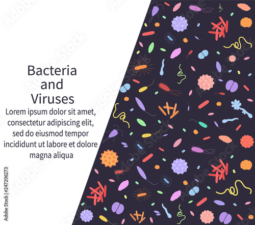 Colorful banner with different dangerous viruses and bacteria with text. Vector illustration for web design