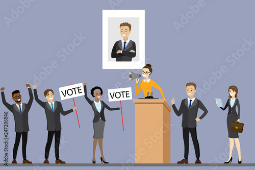 Election campaign of candidate,Female with politician standing at tribune