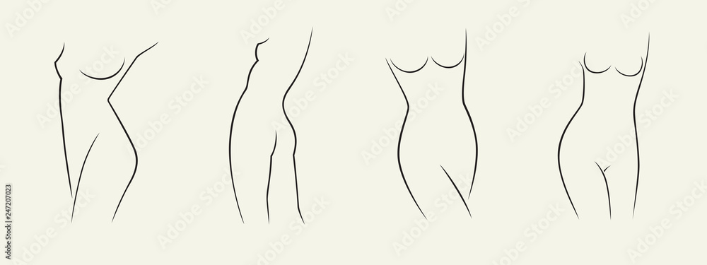 Fototapeta premium Set of elegant woman silhouettes in a linear sketch style (intimate hygiene, woman health, skin and body care, diet, fitness etc.)