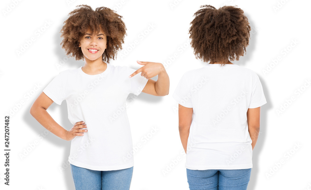 African american girl in white t shirt template and shadow on isolated wall background. Blank t shirt design. Front and back view. Mock up and copy space African american girl in white t shirt template and shadow on isolated wall background. Blank t shirt design. Front and back view. Mock up and copy space