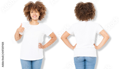 African american girl in white t shirt template and shadow on isolated wall background. Blank t shirt design. Front and back view. Mock up and copy space