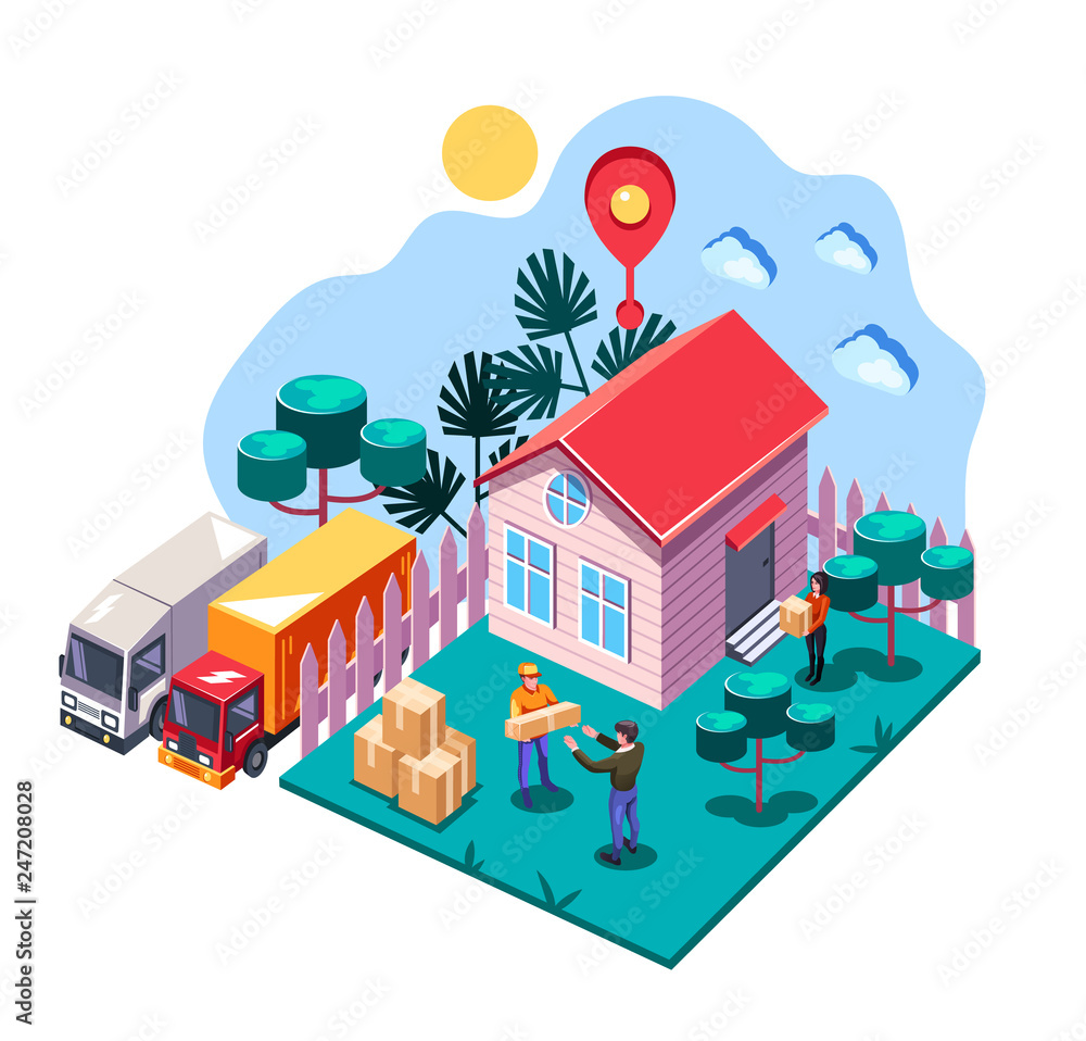Courier man worker character deliver parcel consumer person. Delivery home logistic business concept. Vector flat graphic design cartoon illustration