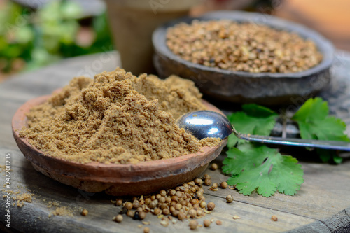 Clay bowls wirh dried coriander seeds and coriander powder close up, spices collection