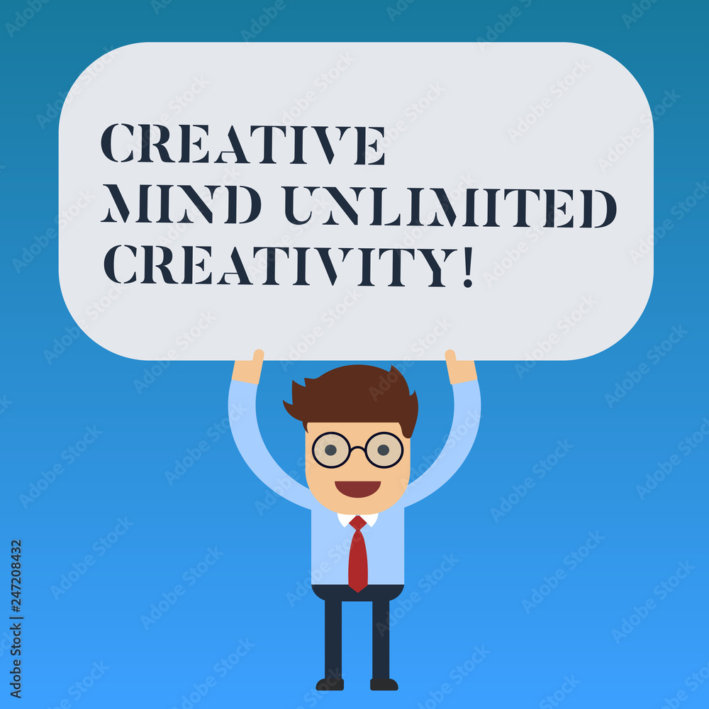 Writing note showing Creative Mind Unlimited Creativity. Business photo showcasing Full of original ideas brilliant brain Man Standing Holding Above his Head Blank Rectangular Colored Board Writing note showing Creative Mind Unlimited Creativity. Business photo showcasing Full of original ideas brilliant brain Man Standing Holding Above his Head Blank Rectangular Colored Board