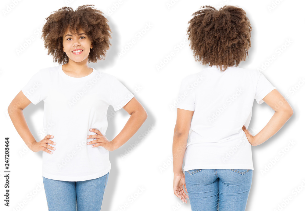 African american girl in white t shirt template and shadow on isolated wall  background. Blank t shirt design. Front and back view. Mock up and copy  space Stock Photo | Adobe Stock
