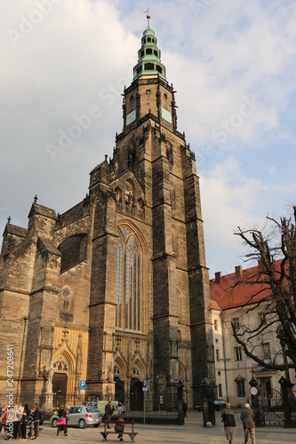 Beautiful, historic, gothic, brick cathedral of St. Stanislaus and st. Vaclav in Swidnica (Świdnica). Large, big church, basilica with a high tower. Lower Silesia, Dolny Śląsk, Poland, Polska, Polen. 