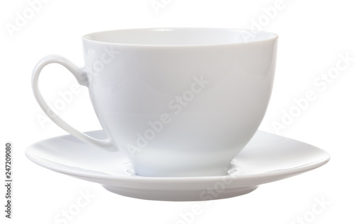 side view of white porcelain cup and saucer