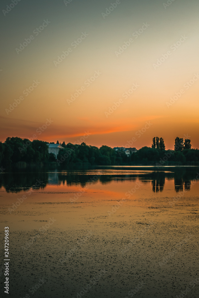 Sunset over the Vyshenka Lake in Vinnytsia, Ukraine