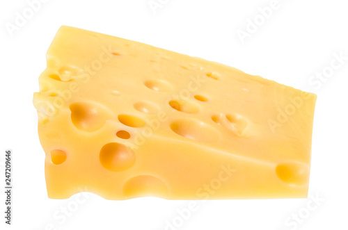 triangular piece of yellow swiss cheese isolated