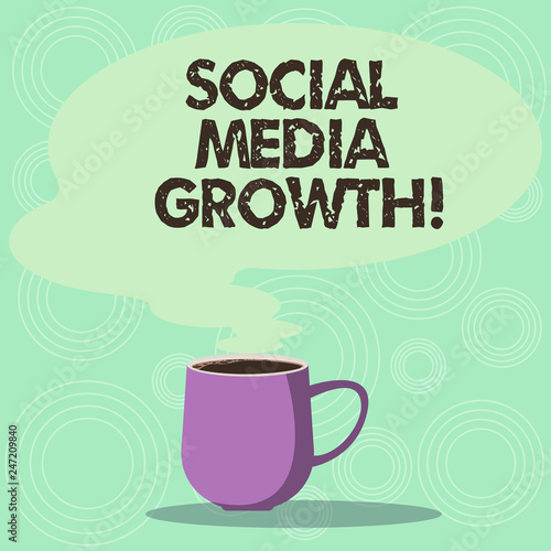 Handwriting text Social Media Growth. Concept meaning marketing is obtained by value of internet and tv Mug photo Cup of Hot Coffee with Blank Color Speech Bubble as Steam icon